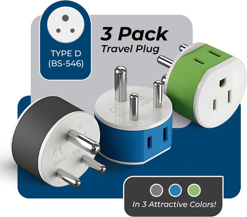 OREI India, Nepal, Maldives Power Plug Adapter with 2 USA Inputs - Travel 3 Pack - Type D (US-10) Safe Grounded Use with Cell Phones, Laptop, Camera Chargers, CPAP, and More - Image 2